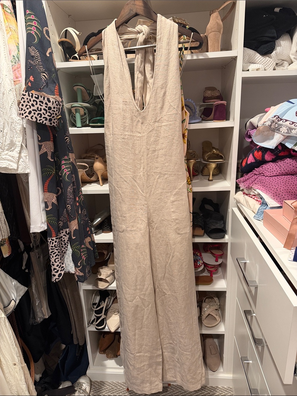 Massimo Dutti Beige Halter Linen-Blend Jumpsuit